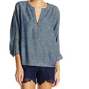 Trina Turk Triana Crosshatch Chambray Dolman Sleeve Top Linen Blend Sz M Boho
